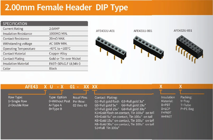 2.54 mm Micro Female Header Housing Male Terminal 2-40 Pins Header